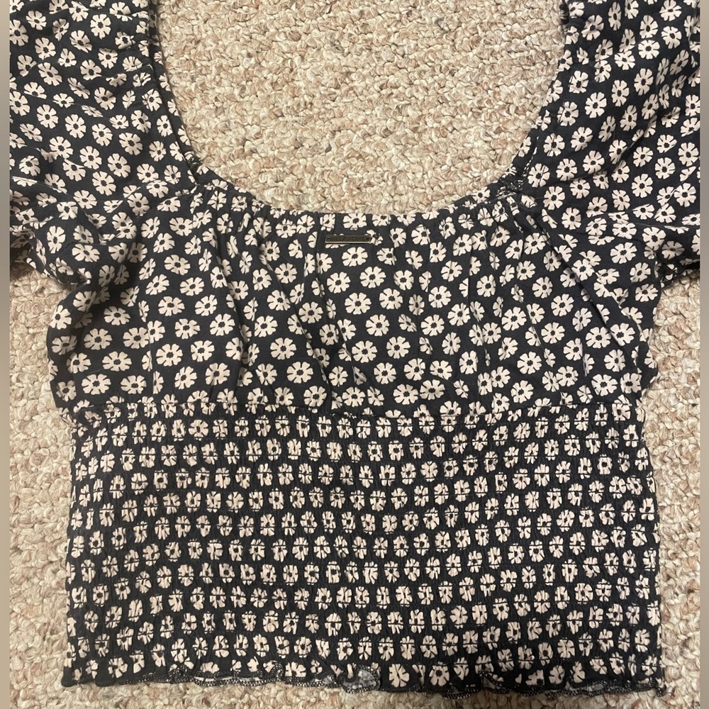 Billabong Top L Smoked Stretch Milkmaid Off Shoulder Short Puff Sleeve Cropped - Picture 2 of 6